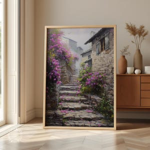 Mediterranean Village Steps Oil Painting | Floral Stone Alley Art (Digital Download)