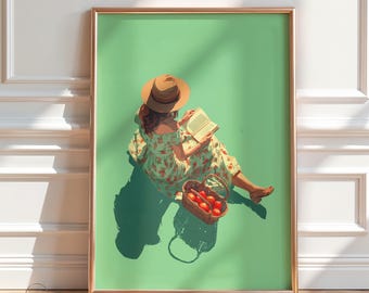 Summer Picnic Art Print, Woman Reading Book Illustration, Cottagecore Wall Decor, Floral Dress Poster, Mint Green Aesthetic, Book Lover Gift