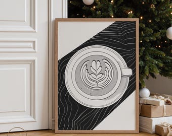 Minimalist Latte Kunstdruck, schwarz weisses Kaffee Poster (Digitaler Download)