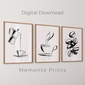 Coffee Art Prints Set of 3, Kitchen Wall Decor, Bean Sketch (Digital Download)