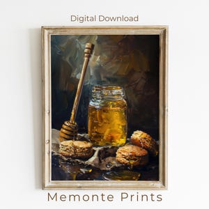 Impressão de pintura a óleo de um pote de mel, natureza morta rústica de cozinha (download digital)