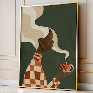 May include: Abstract art print featuring a person with dark skin and long, flowing light hair. The person is holding a steaming cup of coffee. The person is wearing a checkered orange and cream sweater. The background is a dark green color, and the artwork is framed in gold.