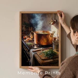 Oljemålning i vintage-kopparkruka, stillebenkonst i rustikt kök (digital nedladdning)