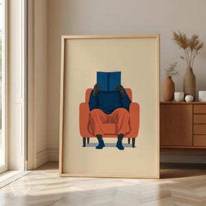 Modern minimalist reader art to elevate your cozy library with Navy and Terracotta tones.