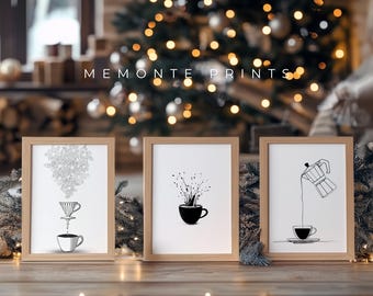 Winter Coffee Line Art Set of 3 | Minimal Black & White Wall Art | Digital Download