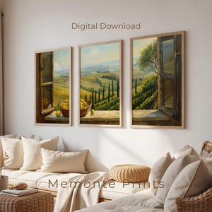 May include: Three framed landscape art prints depicting Tuscan scenery. Each print shows a window view of rolling hills, cypress trees, and vineyards. Baskets of lemons sit on the window sills. The text "Digital Download" is at the top.