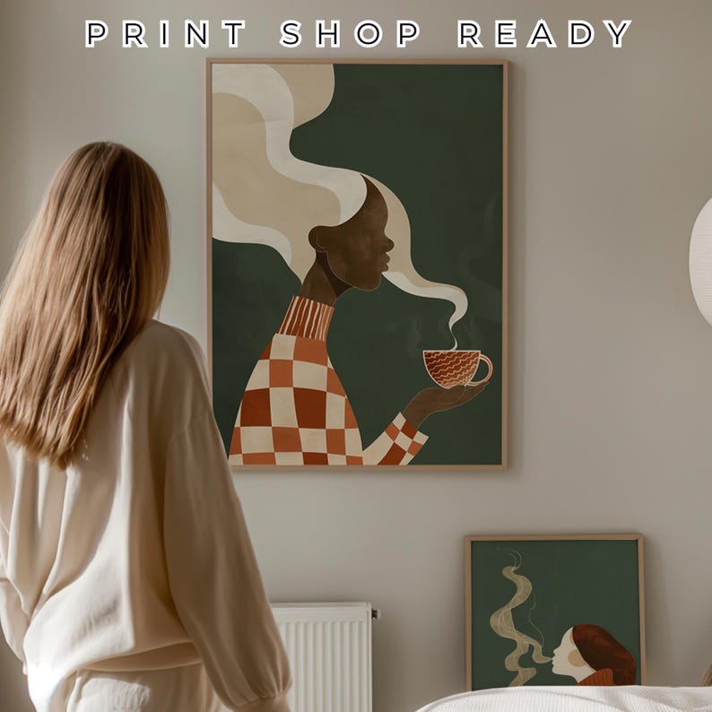May include: Print Shop Ready text above a framed art print. The print features a woman with long, flowing hair and a checkered sweater holding a cup of coffee. The color palette includes shades of green, brown, and cream.