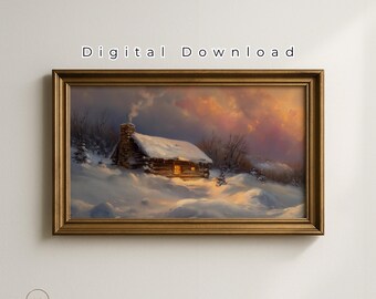 Vintage Winter Kabine Ölgemälde, verschneite Landschaft Kunst (digitaler Download)