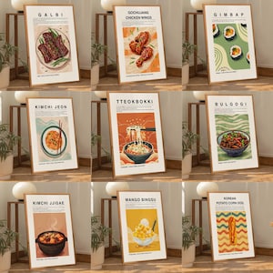 Korean Food Poster Bundle Set of 9, Kimchi Jjigae, Kimchi Jeon, Galbi, Tteokbokki, Gimbap, Bulgogi, Corn Dog, Mango Bingsu, Chicken Wings