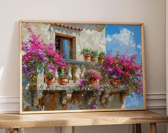 Lámina artística de balcón italiano, buganvilla rosa, decoración mediterránea (descarga digital)