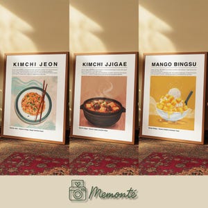 Kimchi Jjigae, Kimchi Jeon & Mango Bingsu Poster Set, Korean Food Wall Art, Kitchen Decor Prints, Digital Download Artwork