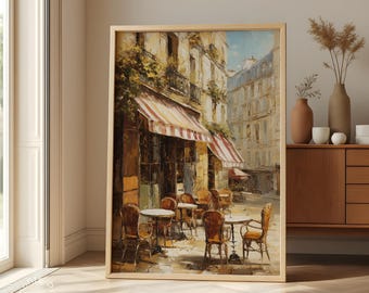 Paris Cafe Impasto Oil Painting Print, French Bistro Scene (Digital Download)