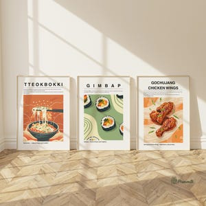 Korean Food Poster Set of 3, Gochujang Chicken Wings, Tteokbokki, Gimbap, Asian Cuisine Wall Art, Kitchen Dining Decor, Digital Download