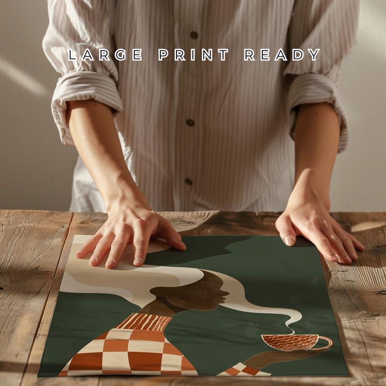 May include: An art print featuring a woman with a white hat and a checkered top, holding a cup of coffee. The print has a green background and the text "LARGE PRINT READY" at the top. The artwork is displayed on a wooden table.
