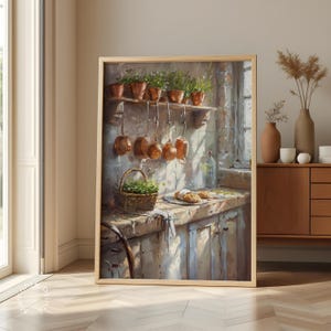 Copper Pots Kitchen Print, Farmhouse Oil Painting Style (Digital Download)