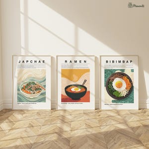 Korean Food Wall Art Set of 3, Ramen Bibimbap Japchae Prints, Kitchen Artwork, Modern Dining Decor, Printable Wall Art, Digital Download