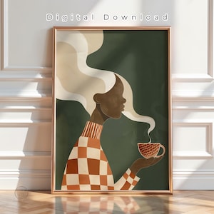 May include: Digital download art print featuring a woman with long, flowing hair and a checkered sweater, holding a steaming cup of coffee. The artwork is set against a dark green background, with the words "Digital Download" at the top.
