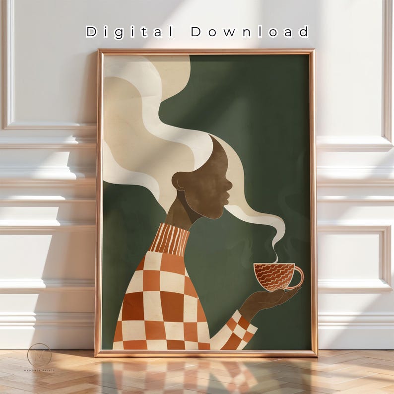 May include: Digital download art print featuring a woman with long, flowing hair and a checkered sweater, holding a steaming cup of coffee. The artwork is set against a dark green background, with the words "Digital Download" at the top.