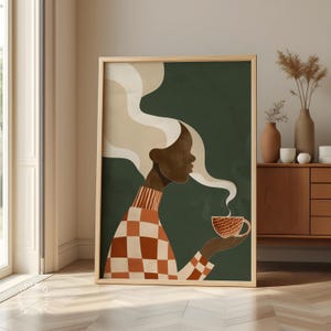 May include: An art print featuring a woman with dark skin and long, flowing blonde hair, holding a steaming cup of coffee. The woman wears a checkered orange and white sweater. The background is a dark green color.