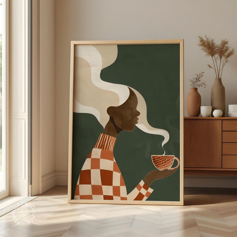 May include: An art print featuring a woman with dark skin and long, flowing blonde hair, holding a steaming cup of coffee. The woman wears a checkered orange and white sweater. The background is a dark green color.