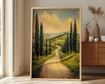 Vintage Toskana Cypress Road Gemälde, italienische Landschaftskunst (digitaler Download)