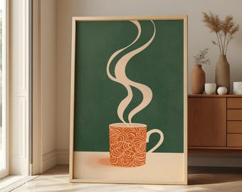 Mid-Century Modern Coffee Cup Print | Burnt Orange & Green Kitchen Art (Digital Download)