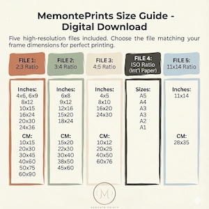 May include: A size guide for digital downloads from MemontePrints. The guide includes file ratios and dimensions in inches and centimeters. The guide includes sizes such as 4x6, 6x9, 8x12, 10x15, 16x24, 20x30, 24x36 inches and A5, A4, A3, A2, A1 sizes.