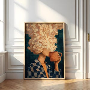 May include: Framed art print featuring a person drinking from a terracotta mug. The person is wearing a blue and white checkered jacket over an orange shirt. The artwork has a dark teal background and a light wood frame.