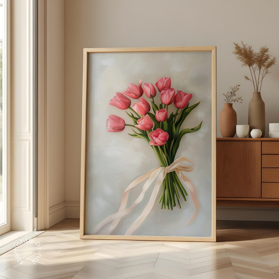 Pink Tulip Bouquet Oil Painting, Floral Still Life Art (digital ...
