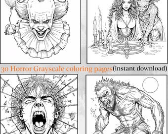 Grayscale Horror Coloring Pages for Adults | Dark Gothic Fantasy Art | Creepy Printable Coloring Book | Instant Download