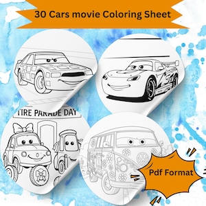 Puede incluir: Una colección de cuatro hojas para colorear en blanco y negro con personajes de la película Cars. Las hojas tienen forma circular y muestran imágenes de varios coches. El texto "30 Cars movie Coloring Sheet" está en la parte superior.