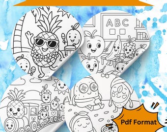 May include: A coloring sheet titled "20 Funny fruits Coloring Sheet" featuring four circular designs with cartoon fruits. The designs include a pineapple wearing sunglasses, apples, bananas, and strawberries. The text "Pdf Format" is also visible.