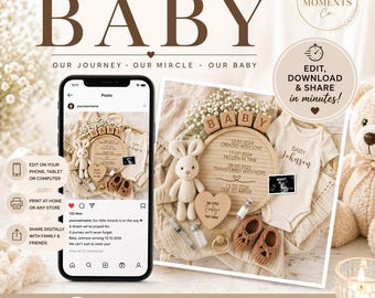 May include: A baby announcement design with the text "WE'RE HAVING A BABY." The image includes a wooden sign with baby details, a onesie, a stuffed bunny, baby shoes, and a smartphone displaying a social media post.