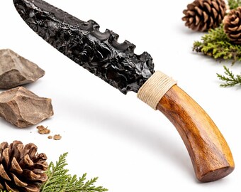 手彫りの黒曜石ナイフ – 天然木製ハンドル、切れ味抜群の刃