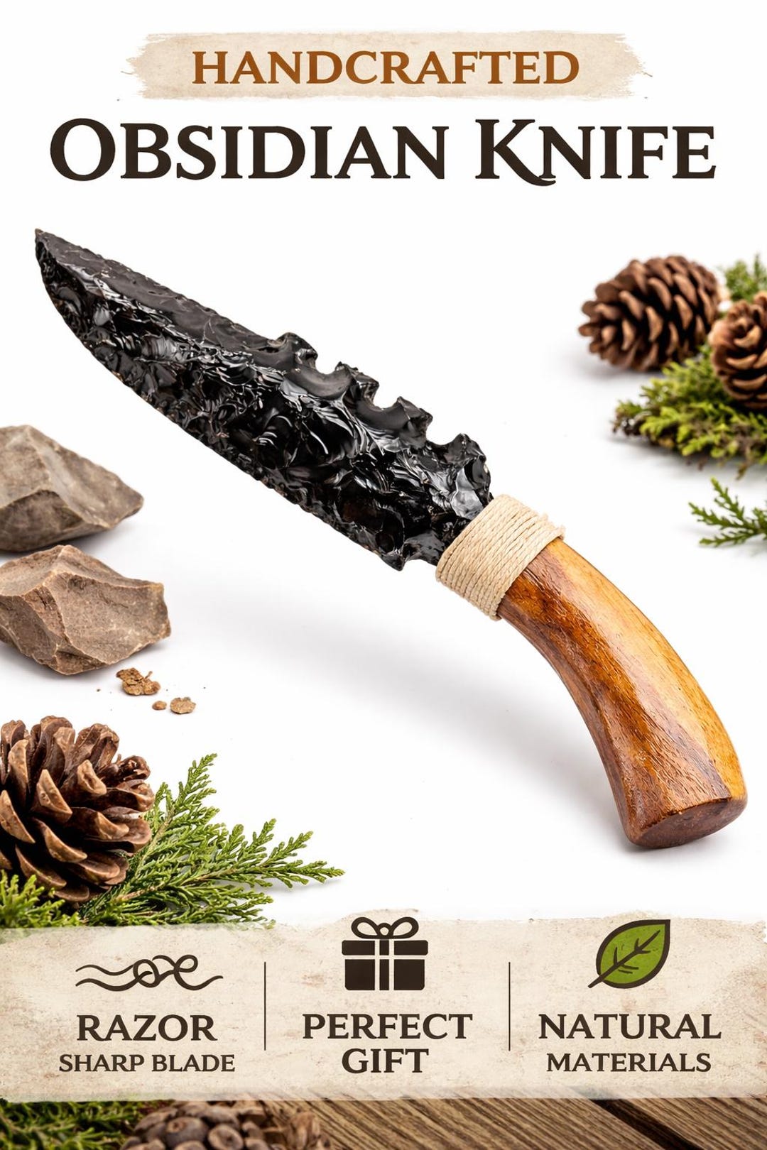 Obsidian Razor Hand Carved Obsidian Knife – Natural Wood Handle, Razor Sharp Blade ...