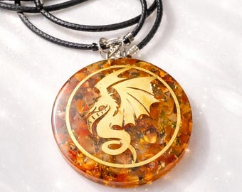 Collar con colgante de dragón de orgonita – Protección energética hecha a mano, sanación con cristales, equilibrio de chakras