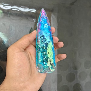 Iridescent Aura Obsidian Knife | Blue Rainbow Crystal Blade | Decorative Glass Stone Poin