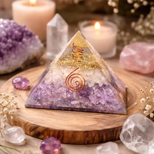 Pirámide de orgonita de amatista: protección contra campos electromagnéticos, pirámide de cristal para sanación energética, equilibrio de chakras Reiki, regalo de decoración espiritual.