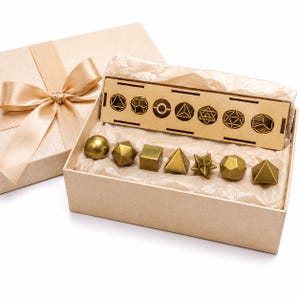 Golden Pyrite Sacred Geometry Set | Platonic Solids Crystal Grid Tools (Wooden Box)