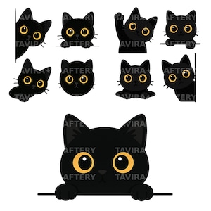 May include: A collection of black cat illustrations with large yellow eyes. Each cat has a different pose, some peeking from the side, others waving or looking directly at the viewer. The text "AVIRA", "AFTERY", and "TAVIRA" is included.