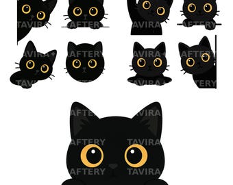 May include: A set of black cat illustrations with large yellow eyes. The cats are in various poses, including peeking, waving, and looking directly at the viewer. The text "AVIRA", "AFTERY", and "TAVIRA" is included.