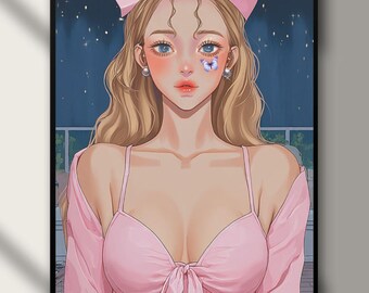 May include: Digital art print featuring a woman with long blonde hair, wearing a pink top and bow. The artwork has a soft, dreamy aesthetic with a butterfly detail on the face. The words "New art" are at the top.