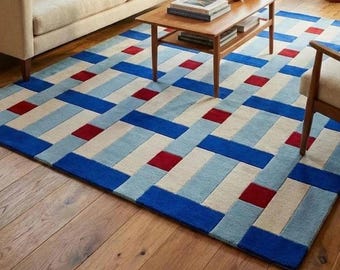 Hand Tufted Wool Area Rug, Modern Abstract Geometric Pattern, Blue Red Beige Carpet