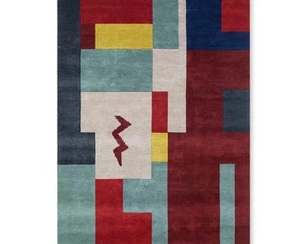 Hand Tufted Wool Rug, Abstract Geometric Area Carpet, Modern Color Block Living Room Decor