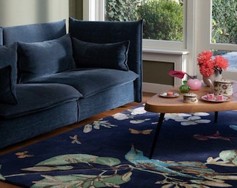 Hand Tufted Wool Rug – Blue Bird Floral Area Carpet, Living Room Décor