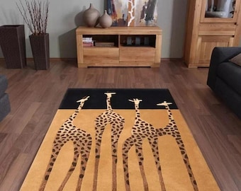 Hand Tufted Wool Rug, Giraffe Safari Animal Design, Modern Artistic Carpet