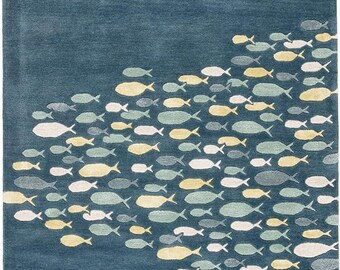 Hand Tufted Wool Fish Pattern Rug, Coastal Ocean Theme Carpet