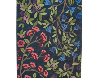 Hand Tufted Wool Rug – Blue Red Floral Area Carpet, India Home Decor