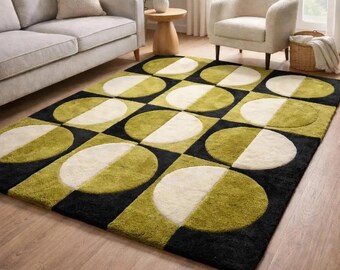 Hand Tufted Wool Area Rug, Mid Century Modern Geometric, Green Black Living Room Decor