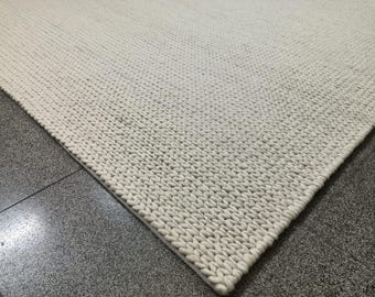 Handwoven Chunky Wool Rug, Ivory Knit Carpet, Soft Minimalist Floor Rug
